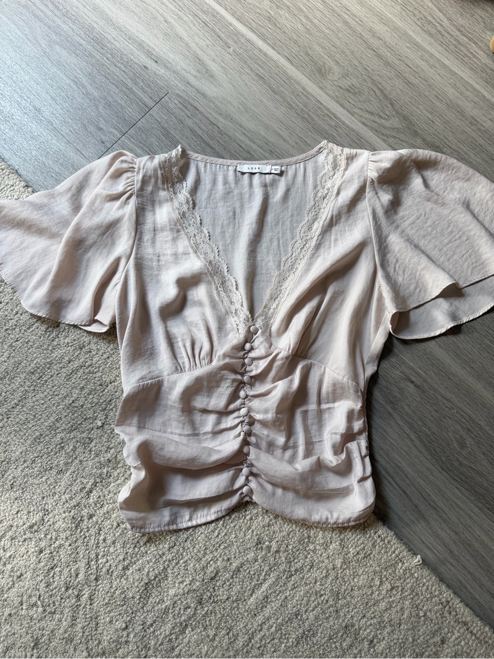 Boutique Button-Front Lace Trim V-Neck Top